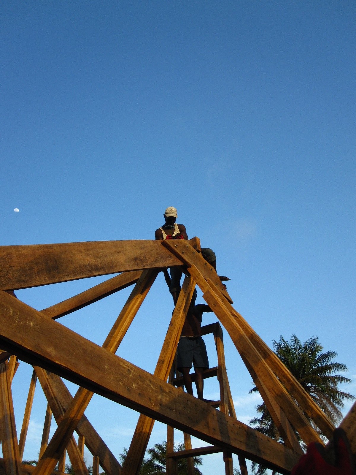 A worker stands above exposed timber roof trusses against a clear blue sky.