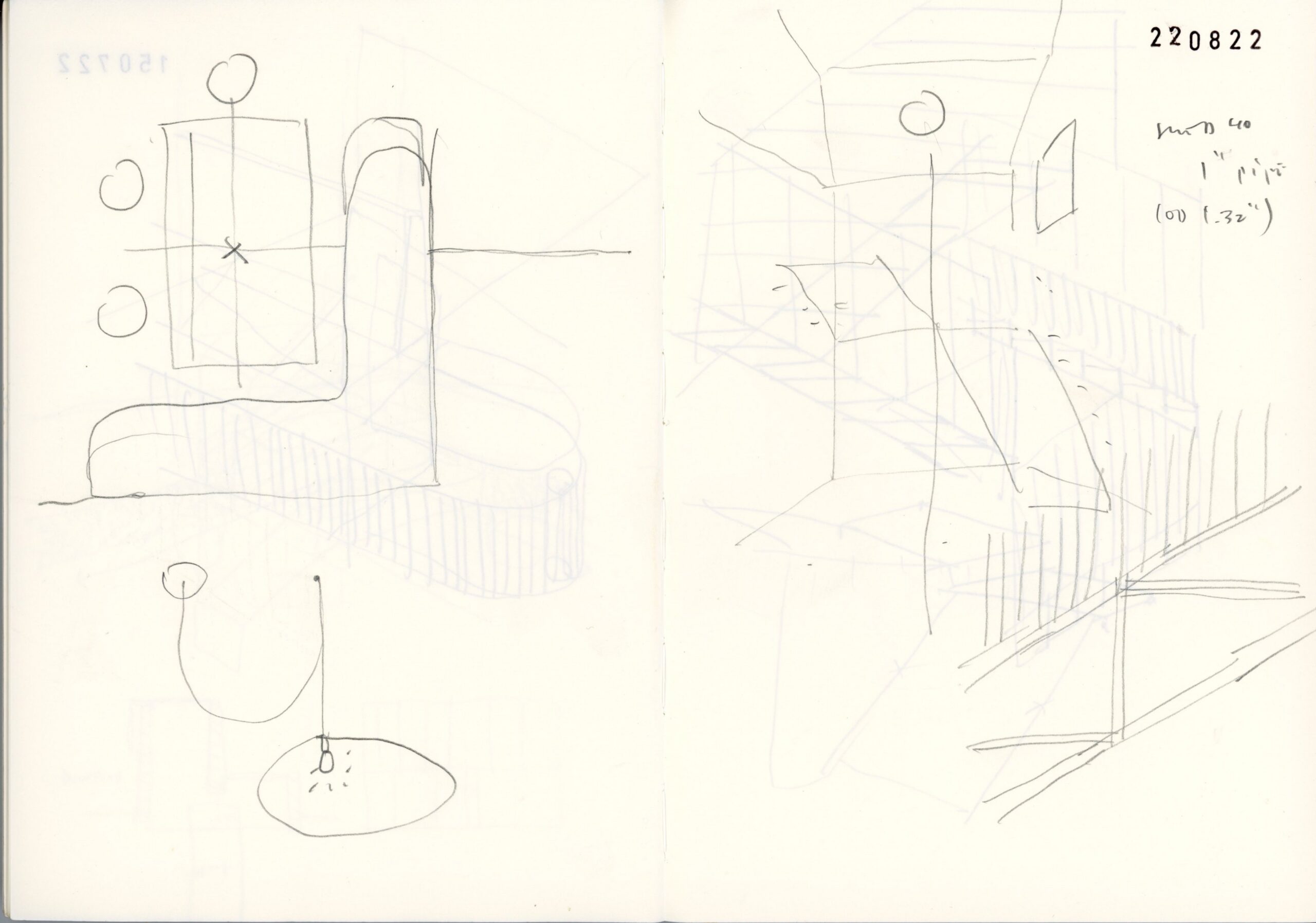 Sketchbook pages show sink outlines, circular forms and a perspective stair study.