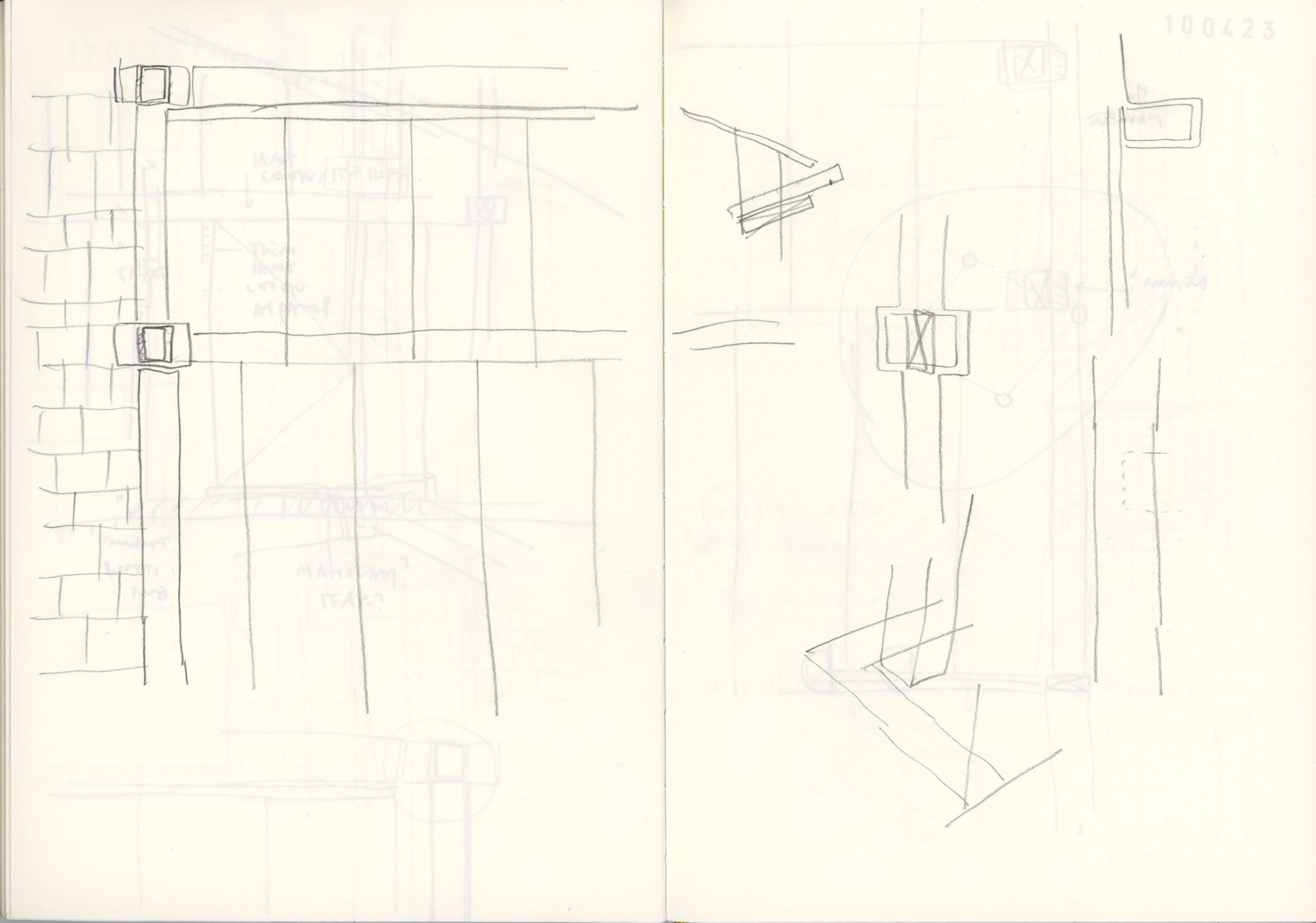 Pencil sketches explore paneled elements and small connection details across a sketchbook spread.