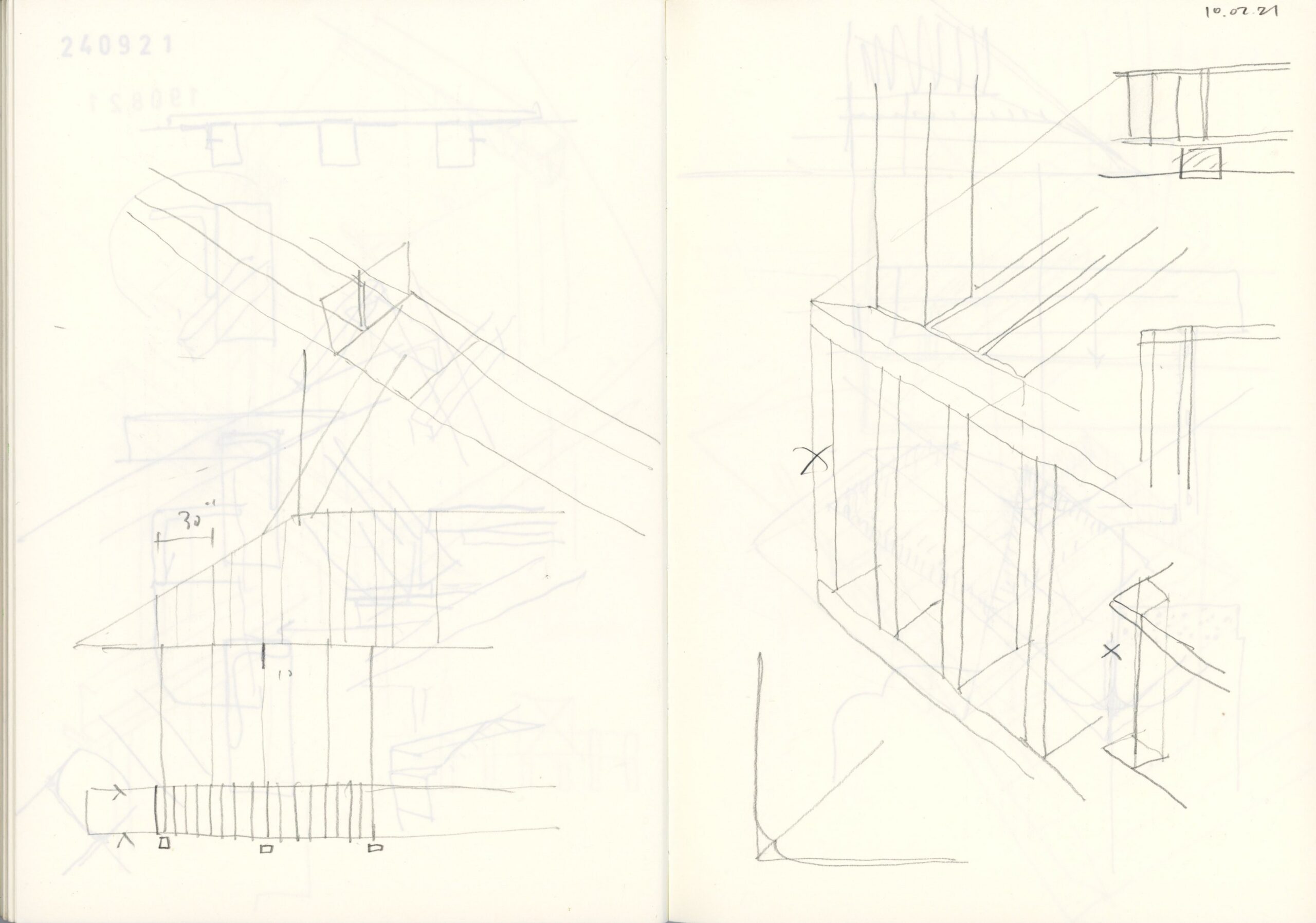 Sketchbook spread showing pencil studies of intersecting structural members and connections.