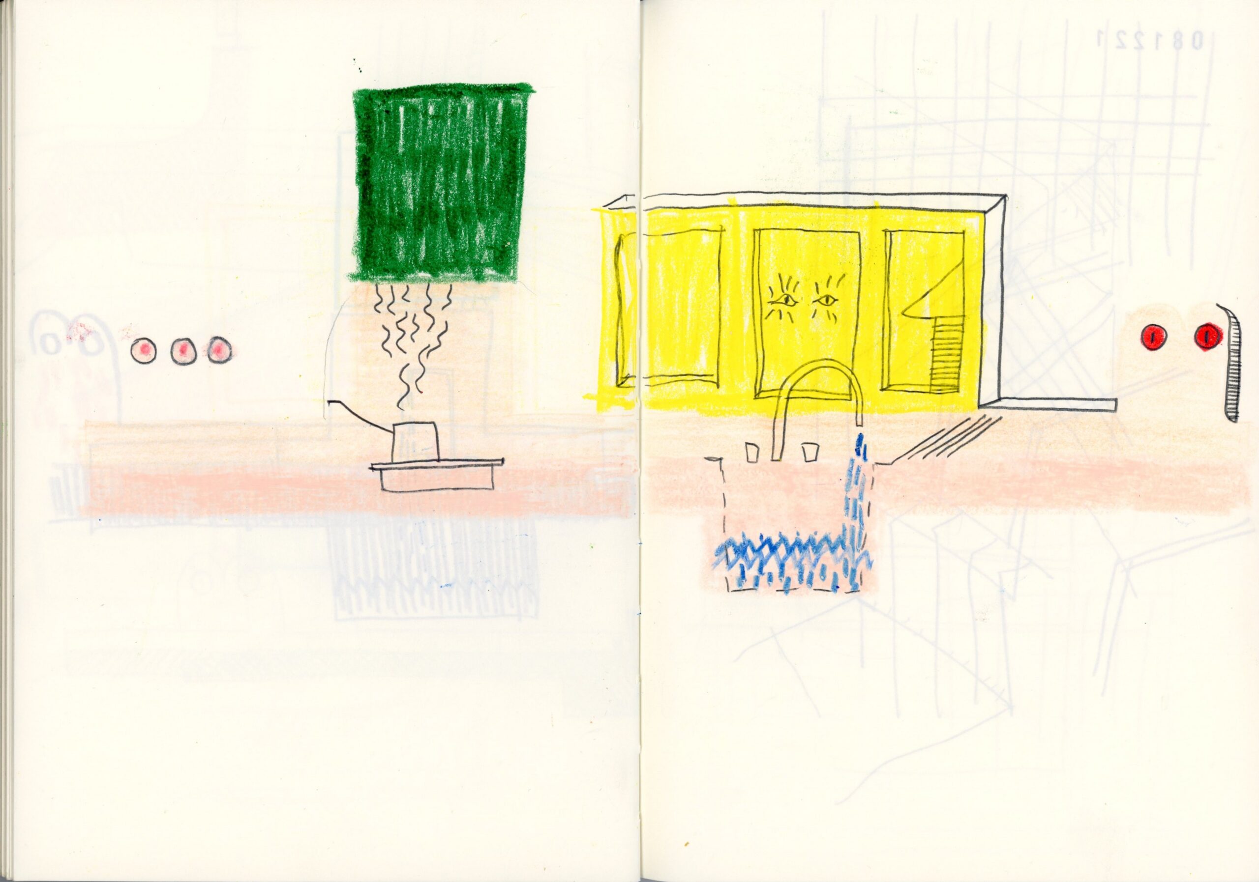 Sketchbook spread with a yellow interior perspective, green color study and small detail sketches.