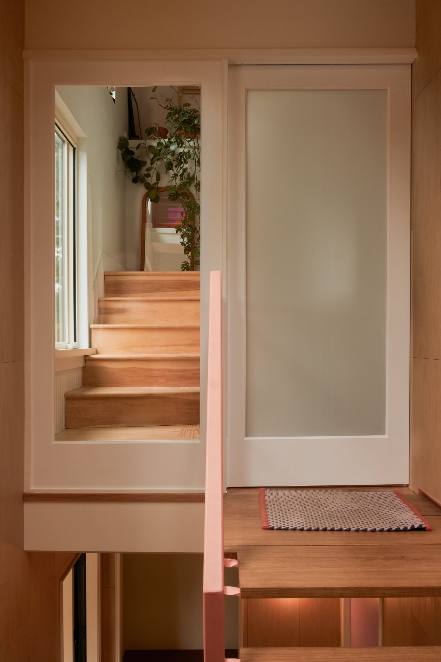Wooden stairs are visible through glazed doors beside a pink handrail.