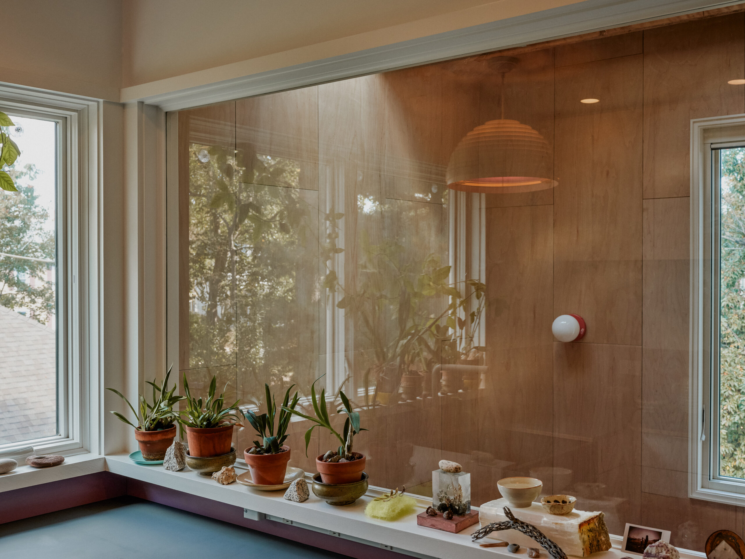 Plants and kitchen items sit beneath a broad window beside wood paneling and a pendant light.