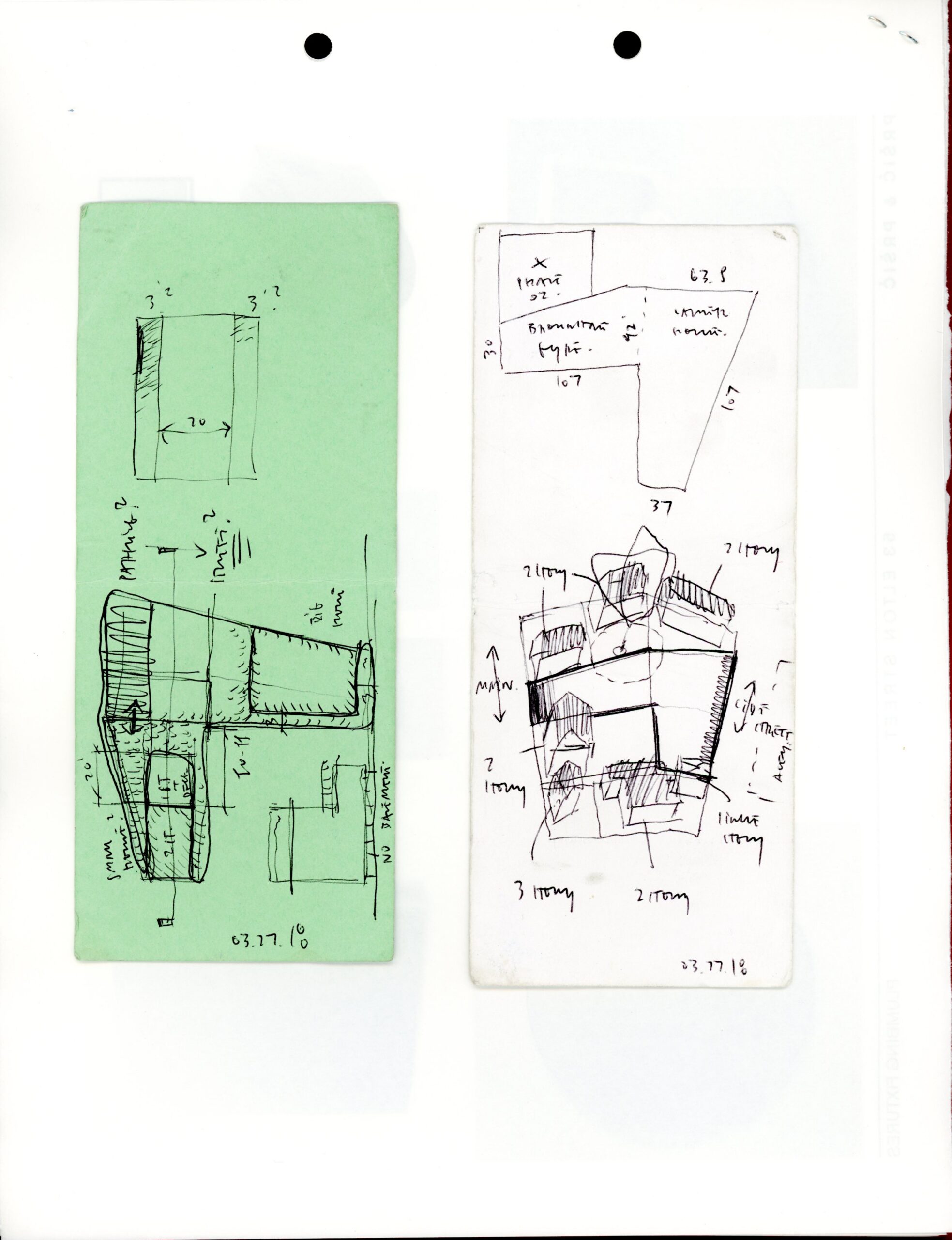 Two hand-drawn plan studies on green and white paper explore building layouts on irregular sites.