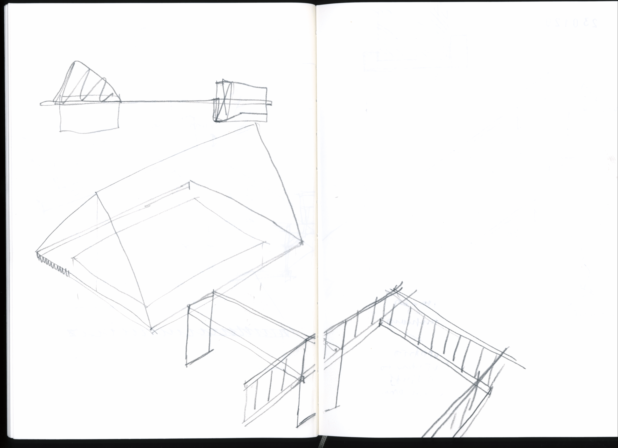 Open sketchbook shows pencil studies of roof forms and a framed building volume.