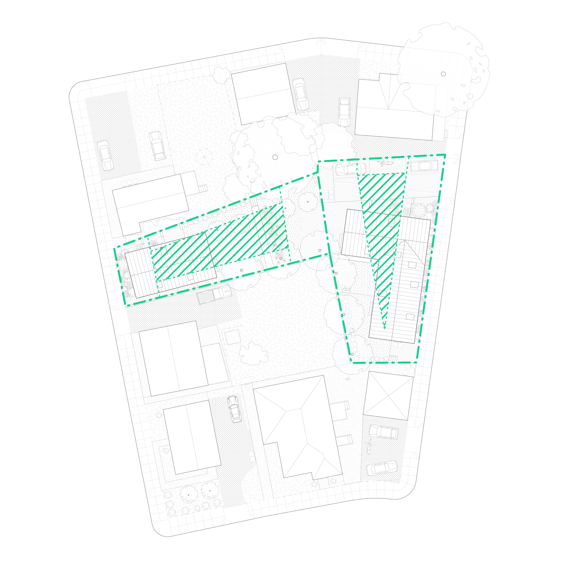 Site diagram highlights two irregular infill parcels in green within an existing urban block.