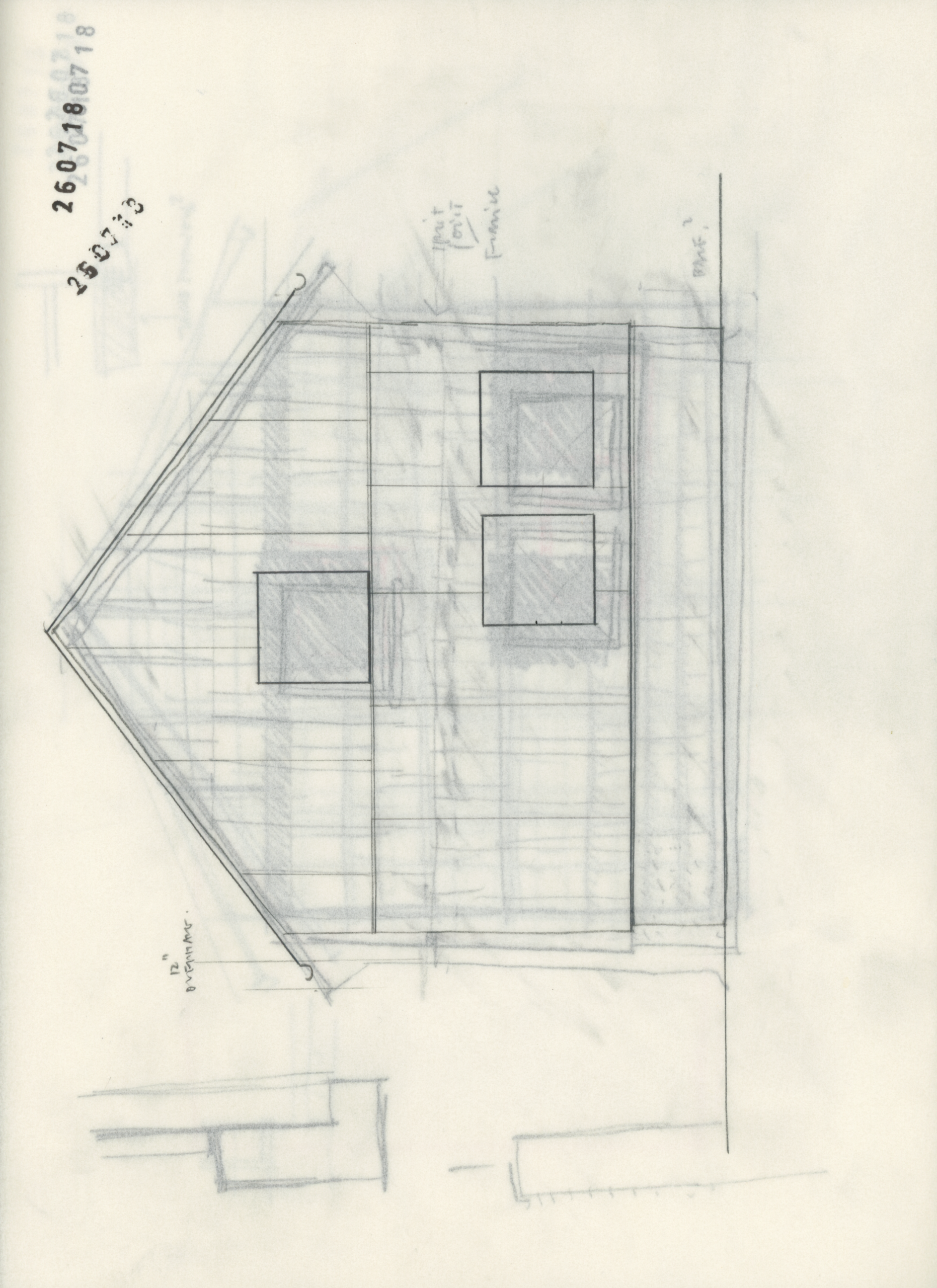 Hand-drawn gabled facade study with three window openings and surrounding pencil guidelines.