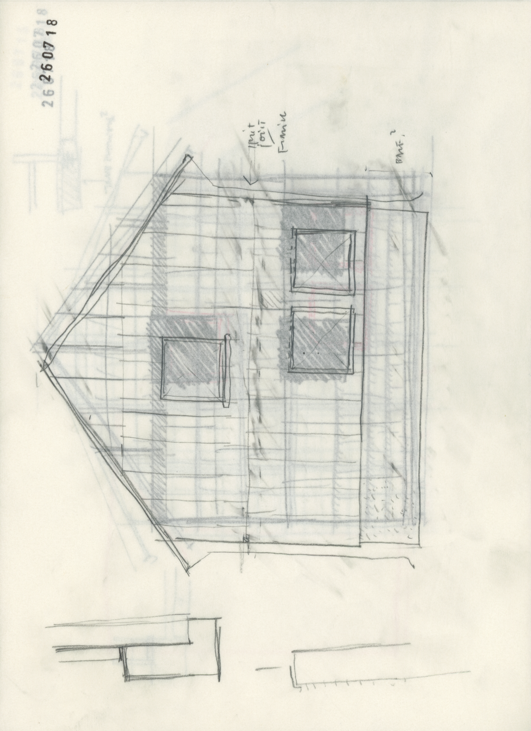 Hand-drawn gabled facade study with overlapping construction lines and three window openings.